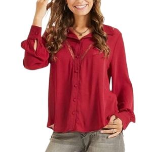 Sonja Betro Burgundy Button Down Shirt Blouse Lace Detail Women's Size XL